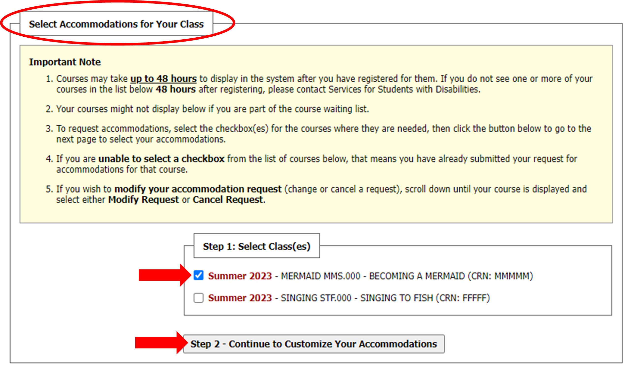 Screenshot of Select Accommodations for Your Class Box