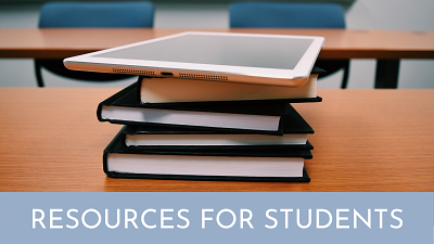 a stack of books with an ipad on top and the text "resources for students"