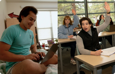 Student on laptop on the left and student raising hand in class on the right