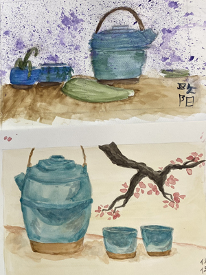 Watercolor paintings of tea kettles and cups