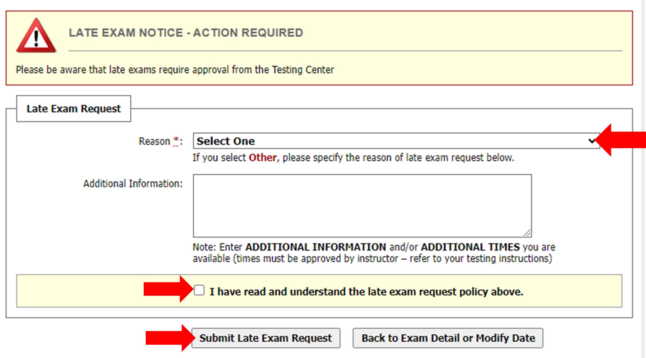 Screenshot of Late Exam Request box