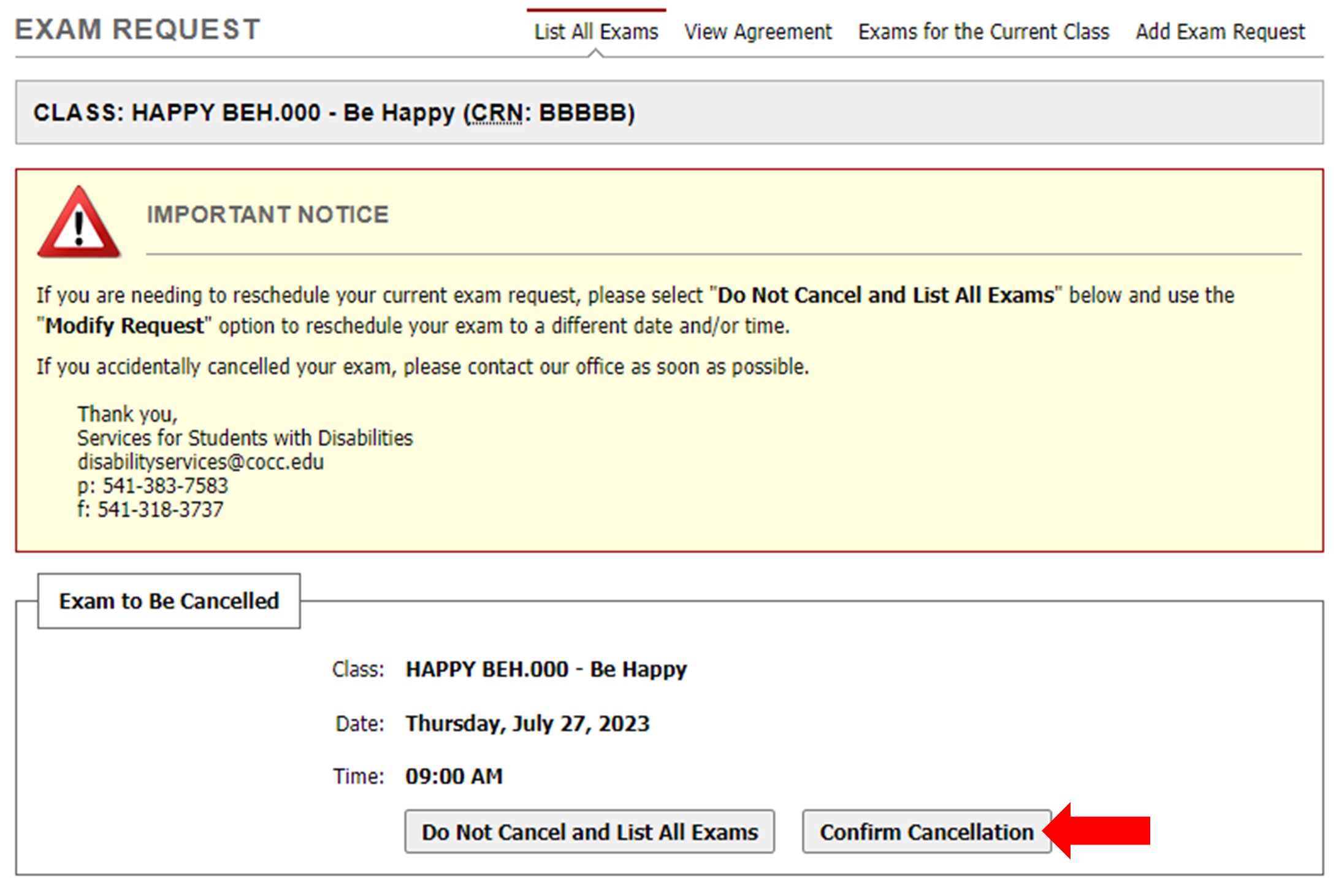 Screenshot of Cancel Request confirmation
