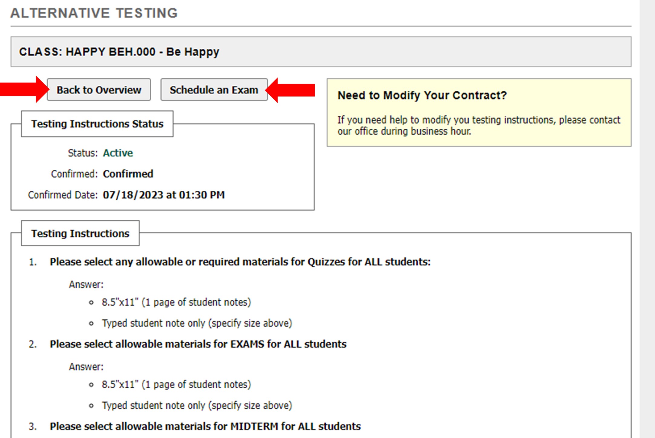 Screenshot of Testing Instructions page