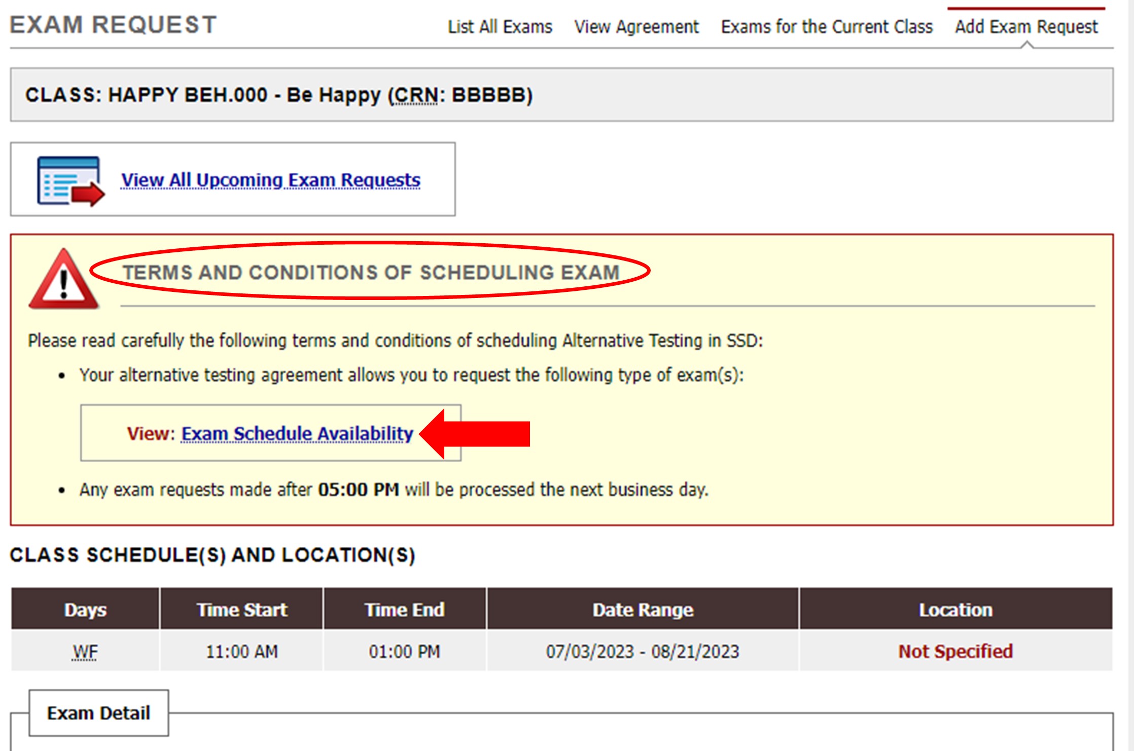 Screenshot of Bend Testing Center Exam Schedule Availability link