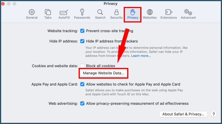 Safari manage menu