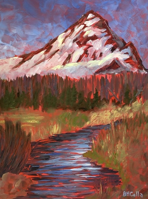 The painting Brilliance of Wild by Barbara Cella showing a mountain and stream.