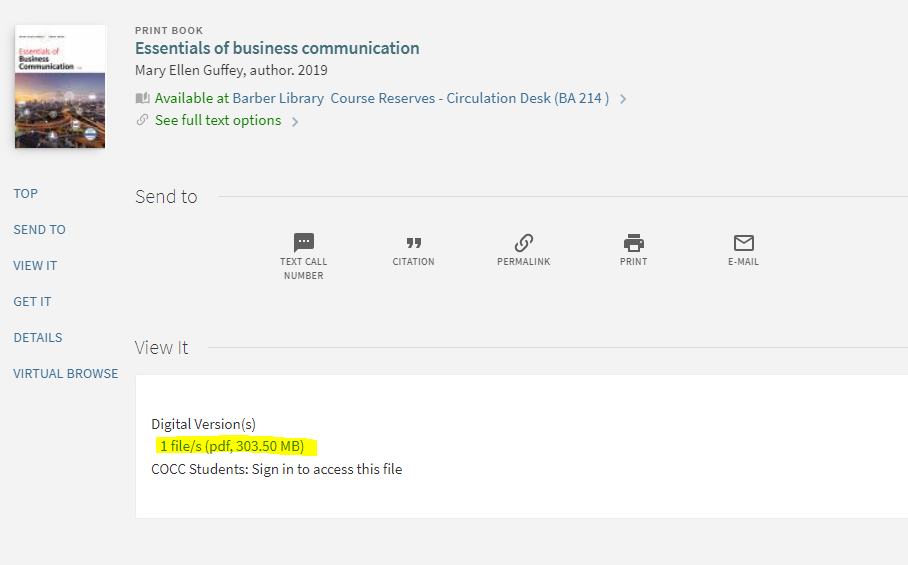 shows library catalog screen with active link to access online course reserves file