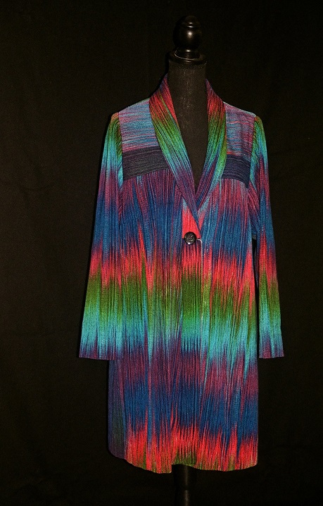 A woven multi-colored coat by artist Lucy DeFranco