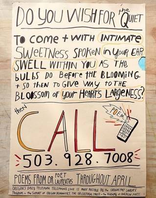 Poster for Poetry Hotline with phone number to call 503-928-7008 to hear a poem a day throughout the month of April