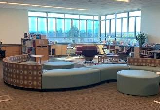 Couches and shelves in the Redmond Student Commons