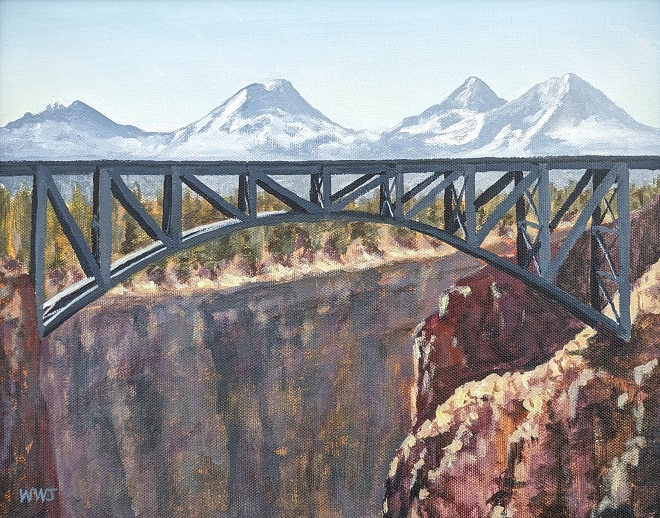 The painting Wayside by Wendy W Jacobs showing the Crooked River Gorge bridge in front of the Cascade mountains.