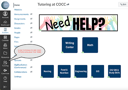 Picture of the COCC tutoring link in Canvas