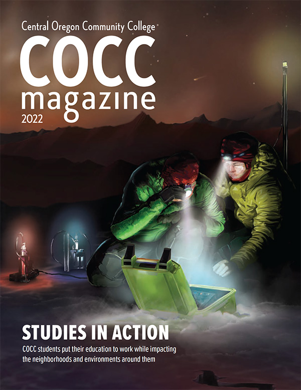 COCC Magazine Cover: Laser-focused glacier science, depicted in the digital painting Reflecting the Effects by Venus Nguyen, COCC assistant art professor.