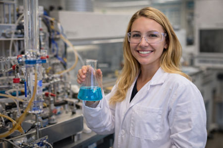 COCC graduate working in a chemistry lab, wearing safety goggles and holding a flask during a research experiment