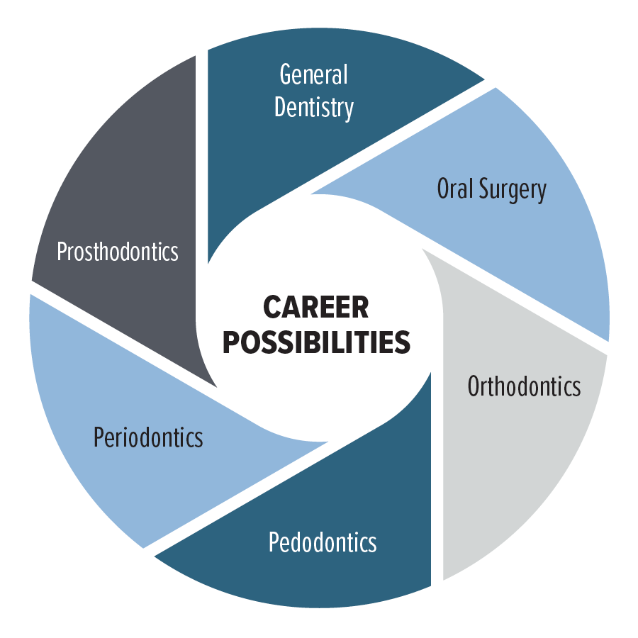 Career Possibilities: General Dentistry, Oral Surgery, Orthodontics, Pedodontics, Periodontics, Prosthodontics