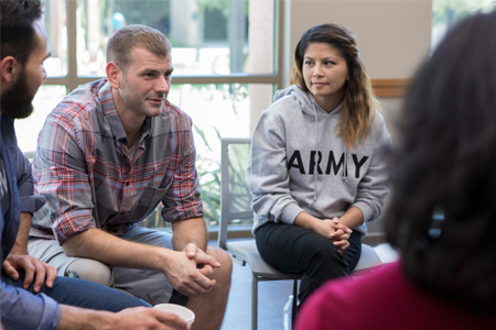 Human services and addiction studies students group conversation