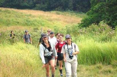 students on research hike