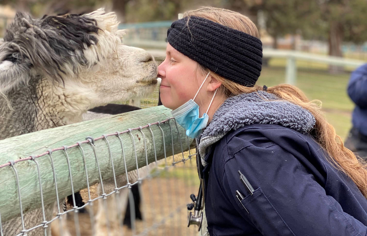 COCC Vet tech student kissing an alpaca